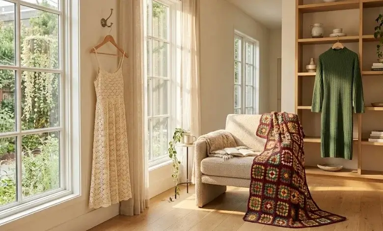 Collection of free crochet dress patterns displayed in a bright American home setting with lace sundress granny square and ribbed sweater dress styles