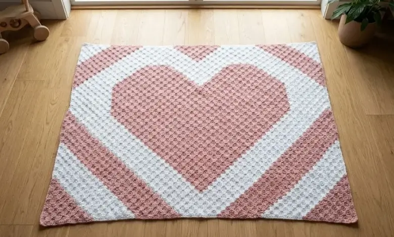 Blush and white corner-to-corner crochet baby blanket with heart motif laid flat on light wood floor