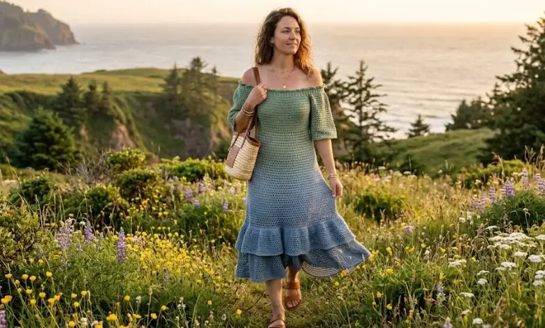 Woman wearing a sage green to dusty blue gradient off-shoulder boho crochet dress with tiered ruffle hem in a Pacific Northwest coastal meadow at golden hour