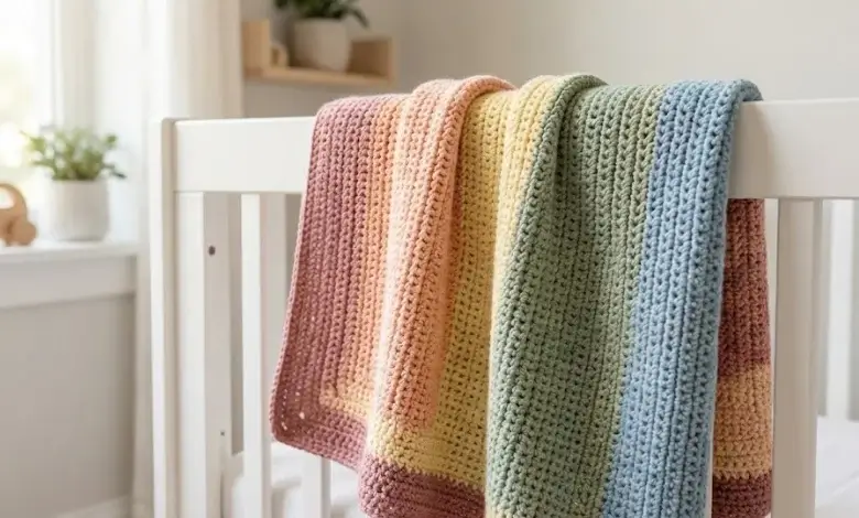 Muted rainbow stripe crochet baby blanket in dusty rose peach yellow sage and blue draped over white crib rail