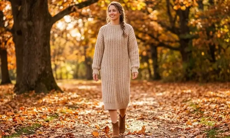 Woman wearing an oatmeal beige midi length ribbed third loop hdc crochet sweater dress with ankle boots in an autumn park setting