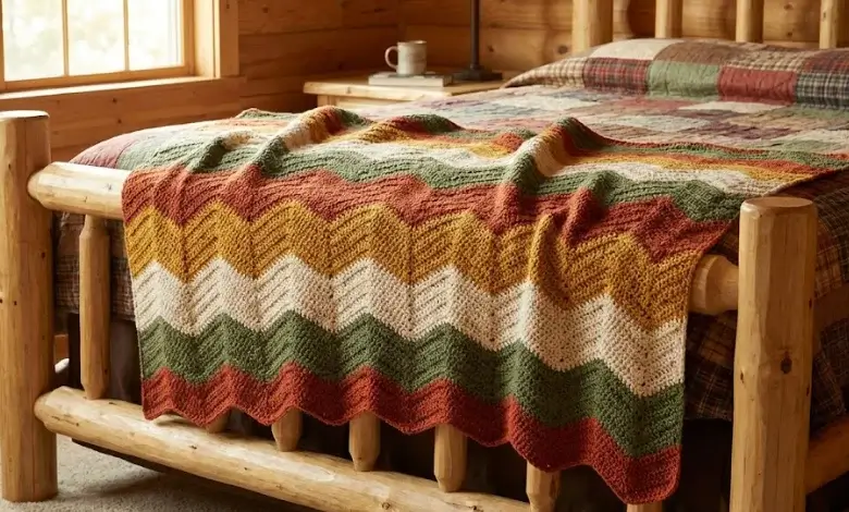 Wavy ripple stitch crochet blanket with multicolor horizontal stripes draped over a cabin-style wooden bed