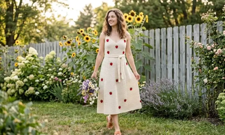 Woman wearing a cream crochet sundress with red strawberry appliqués and belted waist holding wildflowers in an American backyard garden