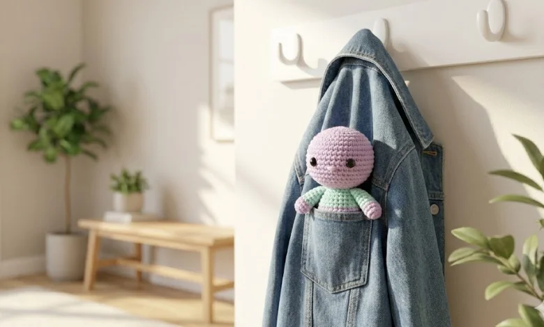 Tiny amigurumi crochet pocket doll in pink and green yarn tucked into a denim jacket pocke