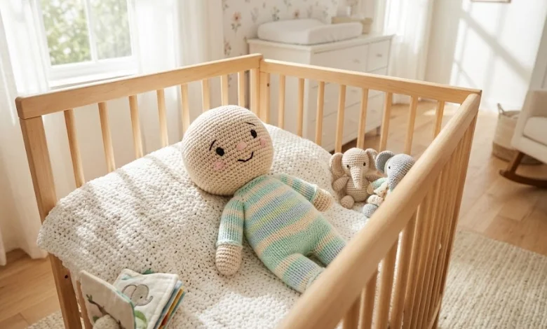 Handmade crochet baby doll with a pastel onesie lying in a wooden crib on a white knit blanket