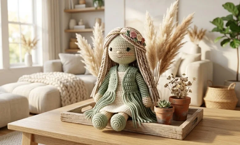 Handmade boho crochet doll with long braided yarn hair and a fringed vest on a wooden tray