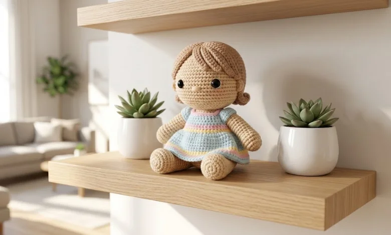 Handmade crochet Weebee doll in a pastel striped dress sitting on a wooden shelf