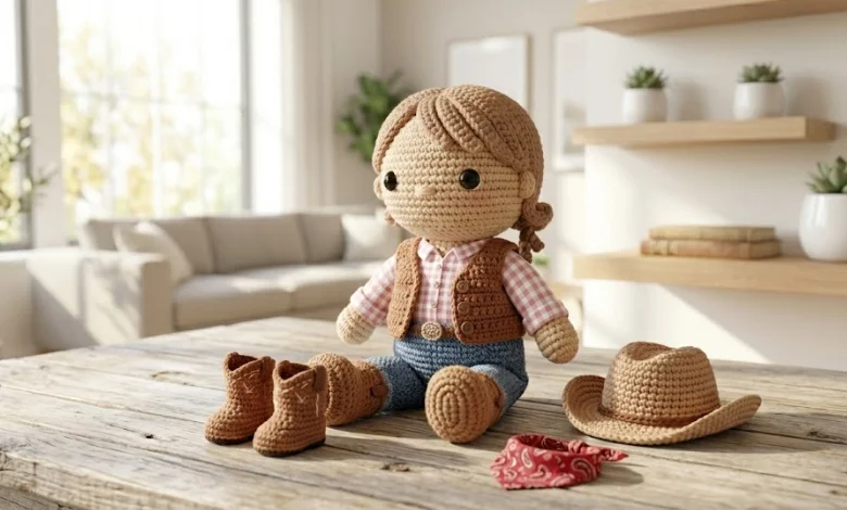 Handmade crochet cowgirl doll with removable miniature hat and boots displayed on a rustic wood surface