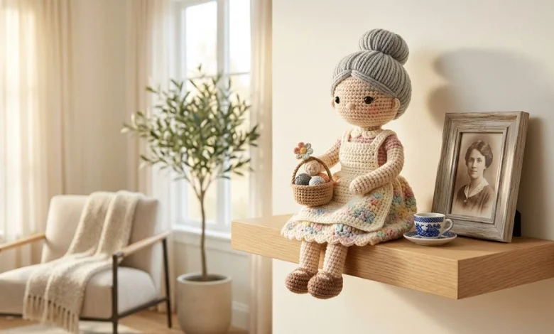 Handmade crochet grandmother doll with gray yarn bun holding a tiny basket on a wooden shelf