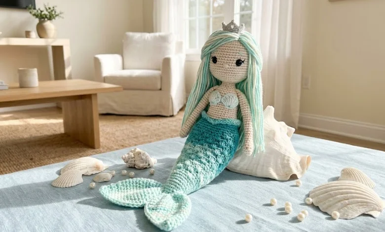 Handmade crochet mermaid doll with a teal gradient tail and aqua hair surrounded by seashells