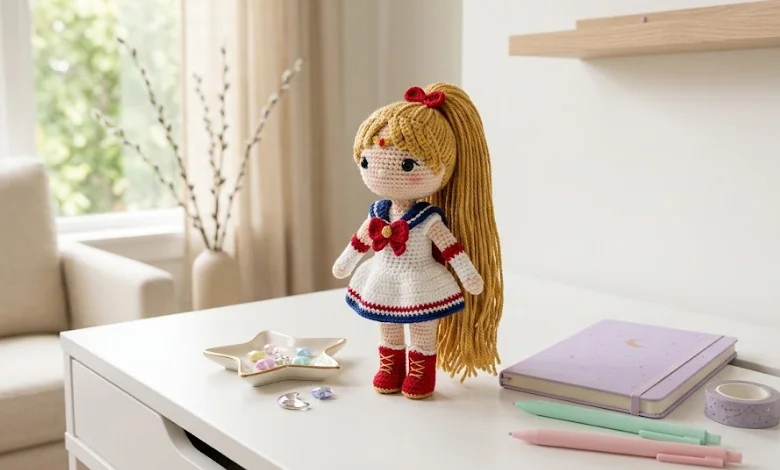 Handmade crochet sailor collar doll with a long golden ponytail and red boots on a white desk