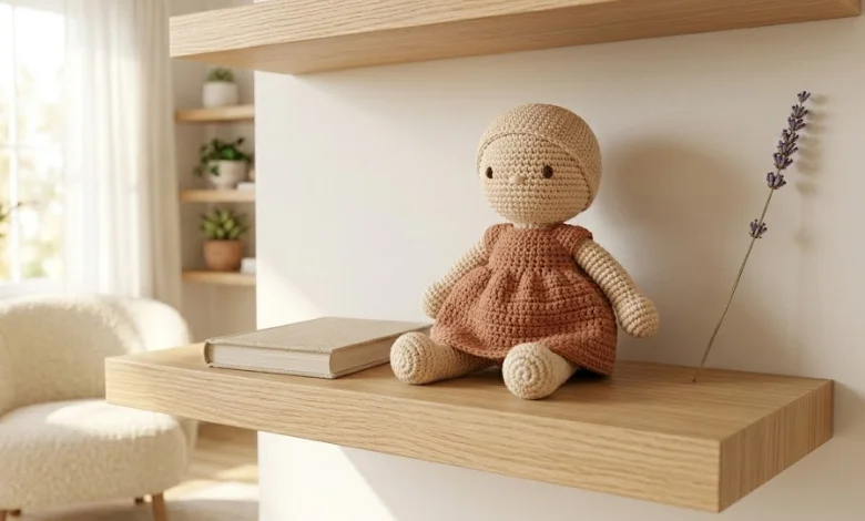 Handmade Waldorf-inspired crochet doll in a rust dress with minimal embroidered face on a wooden shelf